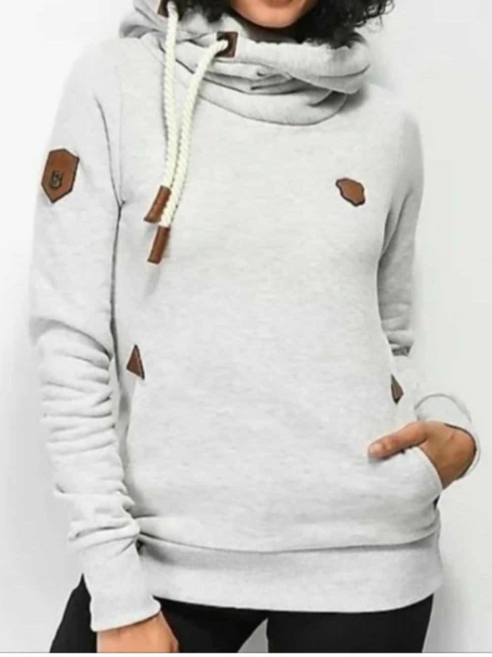 Naketano Cream/gray Funnel Neck Hoodie With Brown Accents